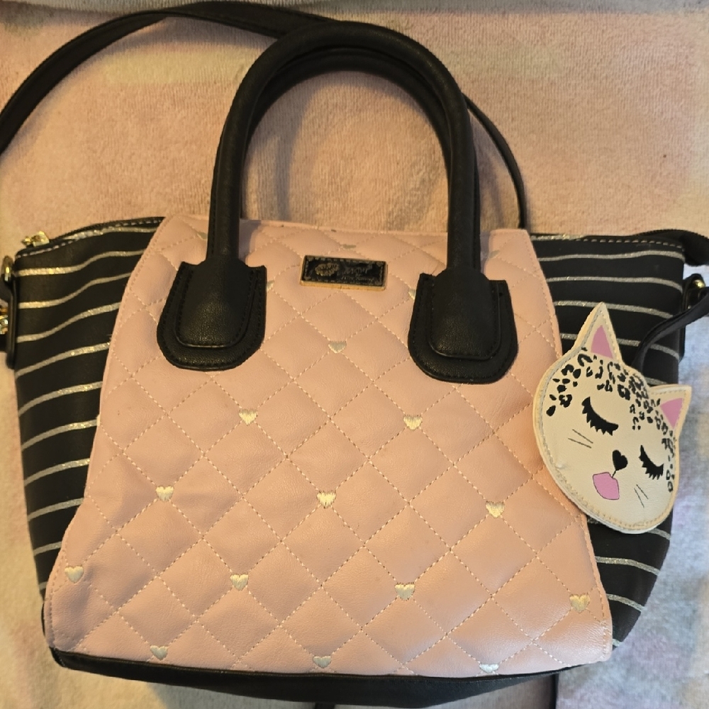 Betsey Johnson Pink Quilted Satchel with Black Stripes